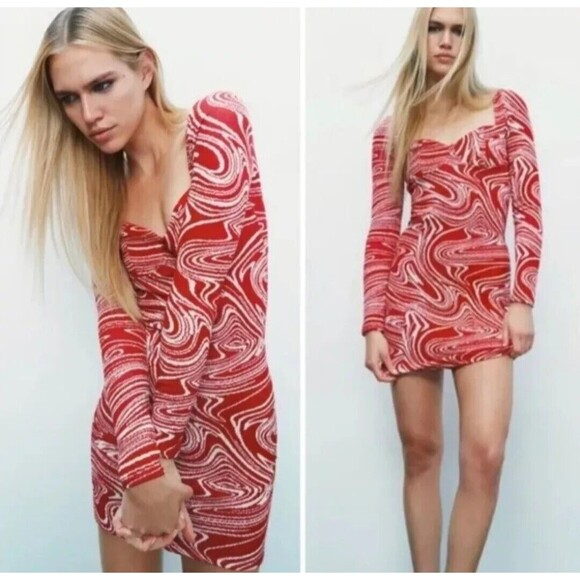 Zara Red Dress Small Jacquard Knit Sweetheart Neck Marble Swirl Conforming - Picture 2 of 14